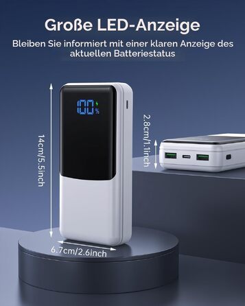 Повербанк Power Bank 27000mAh з швидкою зарядкою USB-C PD 20W, зовнішній акумулятор для iPhone та Samsung з LED-дисплеєм, 2 входи та 3 виходи (Білий)