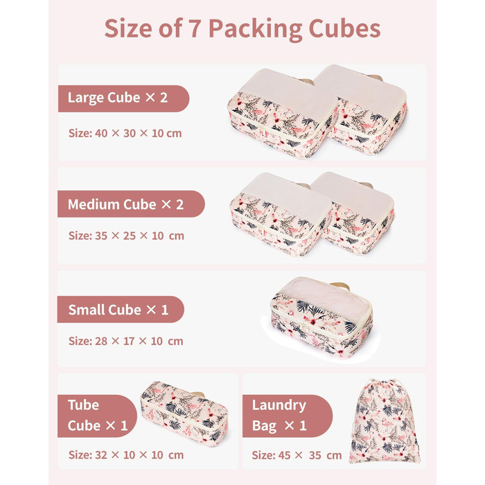 Органайзер для валізи Narwey 7 шт. Набір кубиків для пакування, рюкзак, органайзер для подорожей, дорожні сумки (Смугастий) (Z-бежевий Фламінго)