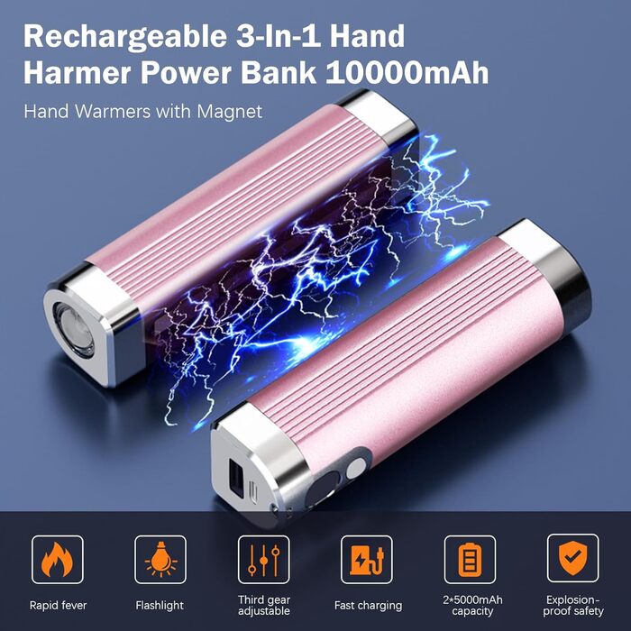 Електричний підігрівач для рук 2 шт., 10000mAh, портативний, 3 в 1, USB, з магнітом, 3 рівні нагріву, подарунок на зиму для жінок, чоловіків, сімей, кемпінгу, рожевий, універсальний розмір