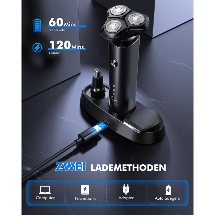 Електричний чоловічий бритва 3D з підзарядною базою - IPX7, вологостійкий, чорний