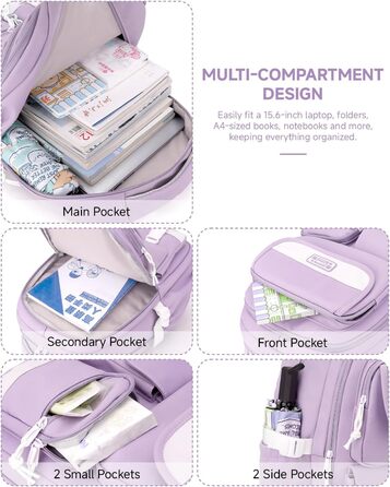 Рюкзак для підлітка, шкільний рюкзак для дівчинки з багатьма відділеннями, для учнів 3-5 класів, середньої та старшої школи, нейлоновий рюкзак для подорожей та відпочинку (фіолетовий)
