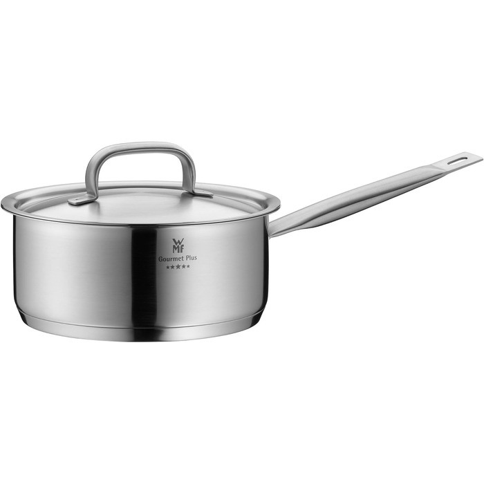 Каструля WMF Gourmet Plus 16 см з нержавіючої сталі Cromargan® з металевим кришкою та відводом пари, 1.4 л, для індукційних плит, з внутрішньою міткою, матова, з ручкою