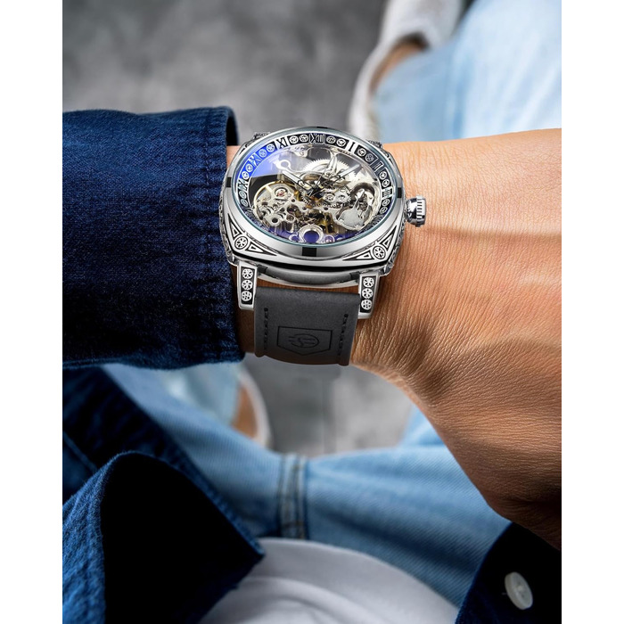 FORSINING Чоловічий годинник, квадратний ретро механічний з автопідзаводом, годинник з шестернями, золотий скелет, вінтажний, шкіряний ремінець, чорний