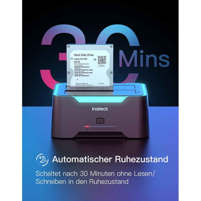 Док-станція Inateck USB 3.0 для HDD/SSD 2.5/3.5 дюймів, Dual-Dock, підтримка Offline-клонування, RGB, SA02002