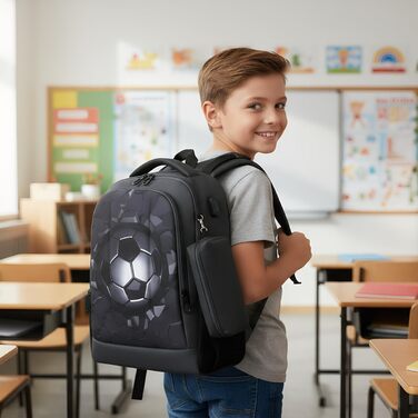 Дитячий рюкзак Cusangel для дівчаток та хлопчиків, ергономічний, регульований, водостійкий, з нагрудним ременем (футбольний, чорний)