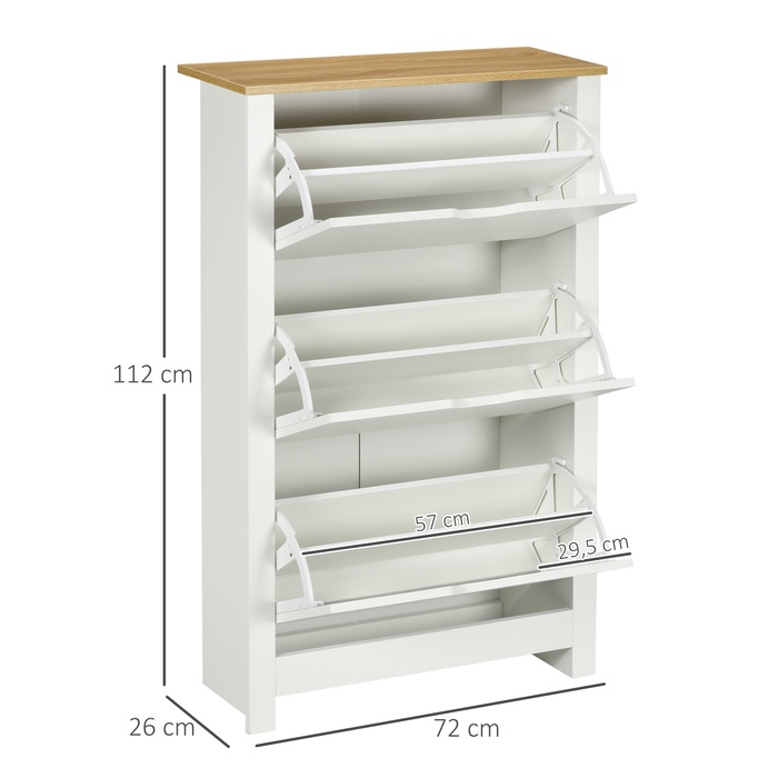 HOMCOM Shoe Cabinet Shoe Kickers Shoe Shelf 3 Flaps for 18 Pairs of Shoes Space-Saving in White and Natural 72 x 26 x 112 cm for Entrance Hall & Entryway