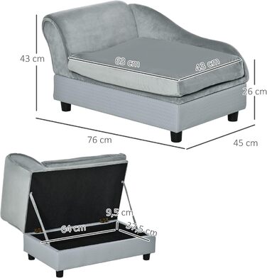 PawHut Крісло-лежанка для собак з матрацом та місцем для зберігання, світло-сірий, 76 x 45 x 43 см