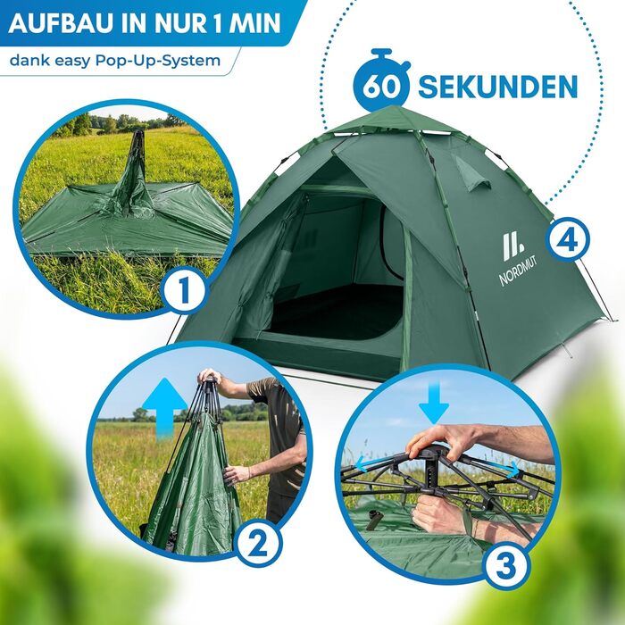 Намет кемпінговий NORDMUT Pop-Up 2-4 особи, водонепроникний, з UV-захистом, зелений
