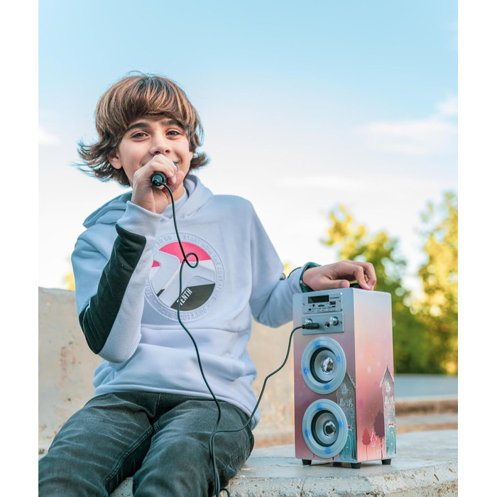 Караоке DYNASONIC з 2 мікрофонами, портативна караоке-машина, Bluetooth-динамік, USB та SD-кардридер, світлові ефекти, подарунок для дітей 5-13 років (Model 19)