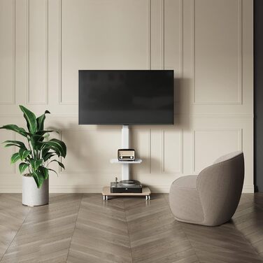 FITUEYES Rolling TV Stand with Wood Shelf - Adjustable Height & Swivel - Fits 32-70 inch TVs up to 40kg, VESA 400x600 - White