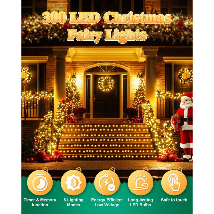 Гірлянда Halloween на 300 LED з таймером та 8 режимами освітлення, 30 метрів, тепле світло, для декорування приміщень та вулиці