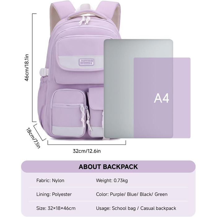 Рюкзак для підлітка, шкільний рюкзак для дівчинки з багатьма відділеннями, для учнів 3-5 класів, середньої та старшої школи, нейлоновий рюкзак для подорожей та відпочинку (фіолетовий)