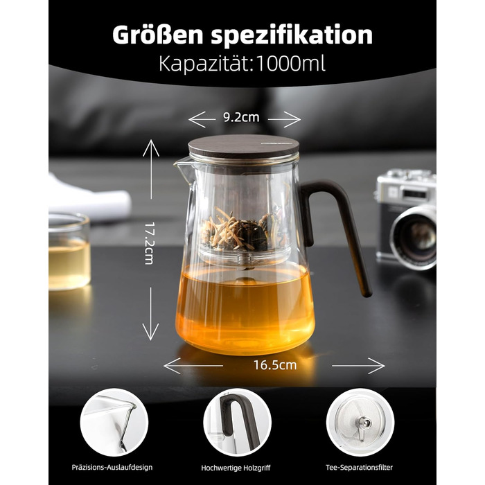 Чайник ZENS Magic з боросилікатного скла з ситом, 1000 мл, з магнітним кришкою та ручкою з чорного горіха