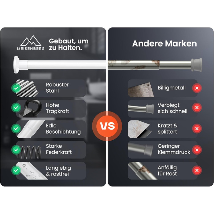 Штанга для душу без свердління 160-210 см, срібна, Ø 25 мм, телескопічна, з кріпленнями - для ванної, душової кабіни та перегородки (70-120 см, біла)