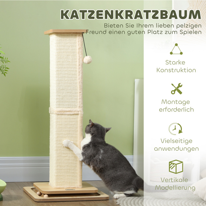PawHut 3-in-1 Scratching Post, 87cm Scratching Column, Sisal Cat Scratching Tree with Play Ball, Scratching Post for Cats, Cat Scratching Furniture, Indoor, Oak | Aosom