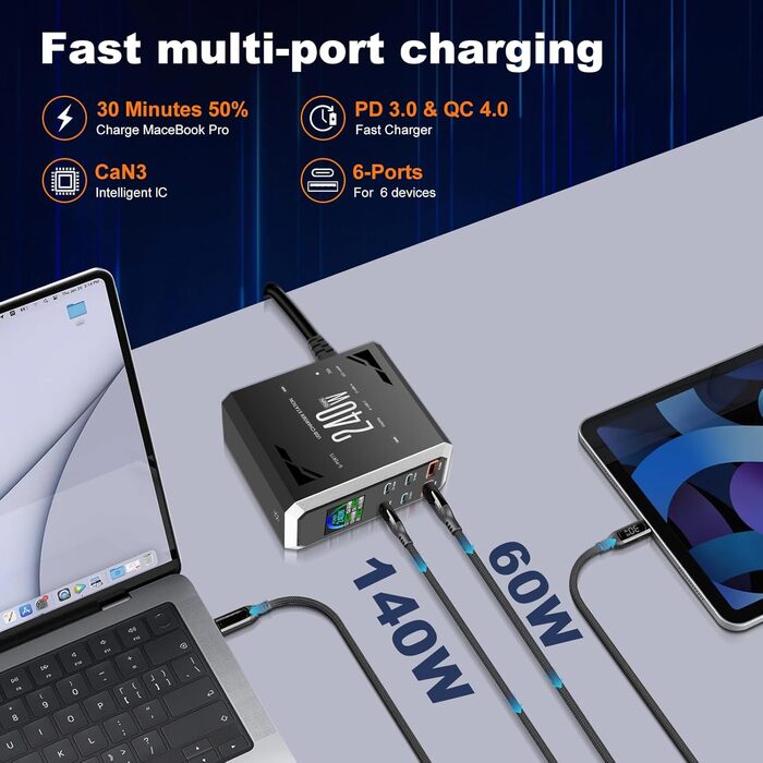 Зарядний пристрій USB C 240W, 6 портів: 4x USB-C + 2x USB-A для MacBook, iPad, iPhone 15 Pro, Samsung та інших пристроїв – швидка зарядка