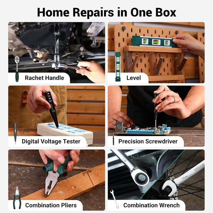 Набір акумуляторної дрилі DEKO 12V: 238 штук інструментів у кейсі. Акумуляторний дриль-шуруповерт для дому, жінок та базового ремонту. Зелений.