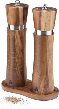 Navaris Salt and Pepper Grinder Set - Spice Grinder Dispenser for Spices - Salt and Pepper Shakers made of Wood - with Tray - for Grinding - Refillable