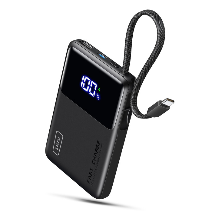 Повербанк INIU 45W 10000mAh з вбудованим кабелем USB-C, швидка зарядка для iPhone 16 17 Pro, Samsung S22, Xiaomi, iPad, чорний