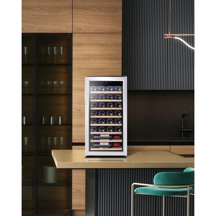 Kalamera 28-Bottle Wine Refrigerator - 86 Liter Capacity, Stainless Steel & Glass Door, 5-18°C Cooling Zone, Removable Wooden Shelves