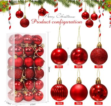 Набір ялинкових прикрас 36 шт, кульки для ялинки з пластику 4 см, червоні
