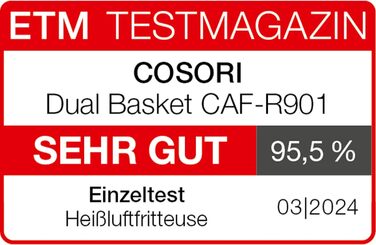 Фритюрниця з двома камерами COSORI Airfryer 8,5 л, 8-в-1, подвійна зона, з віконцем, енергозберігаюча, для 1-5 осіб, чорна