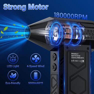 Електричний пилосос-фен для авто 180000 RPM з ліхтариком, модель 2025