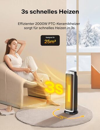 Електричний обігрівач PELONIS 2000W з пульт, 3S Швидкий нагрів, ECO режим, 75° коливання, термостат (5-35°C), таймер 8h, тиха керамічна панель, білий, 59см