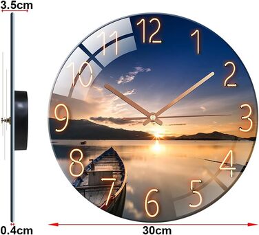 ALEENFOON Wall Clock, Glass, 30cm, Silent, Non-Ticking, Decorative Round Wall Clock for Living Room, Kitchen, Bedroom, Hallway, Office (Sunset)