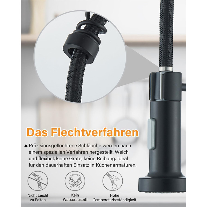 Кухвонний змішувач Hbronzeshower з висувною лійкою, 360° поворот, нержавіюча сталь, чорний