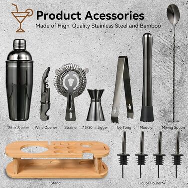 Набір для коктейлів з бамбуковим стійкою, 750 мл, 12 предметів. Професійний набір бармена з нержавіючої сталі для приготування коктейлів, з рецептами (сірий)