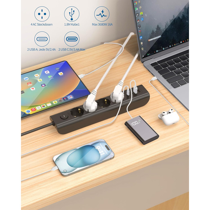 Многофункціональна мережева розетка 8 в 1 з USB, 3680W, з вимикачем, 16A, 2 USB-C, для смартфонів, ноутбуків, iPad, білий/чорний, 1.8м кабель