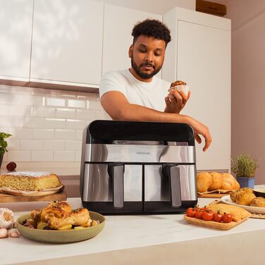 Cecotec Digital Hot Air Fryer with 9L - Cecofry Advance 9000 Inox Air Fryer. 2800W, 2 Containers, 4.5L, Dual Temperature, adjustable from 80-200 ºC, 7 Programs, Multifunctional Touch Panel Dark Stainless Steel 2 Baskets 4.5 Liters