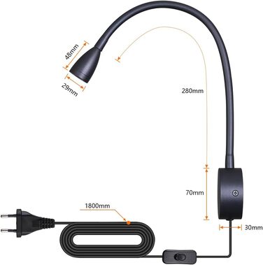 Світлодіодний настінний світильник для читання 3W теплий білий 3000K чорний, з вимикачем на шнурі