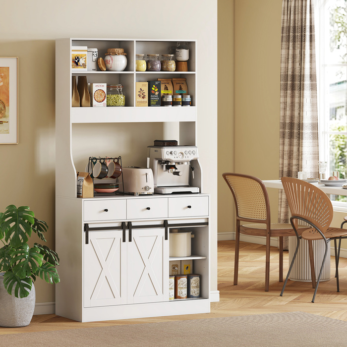 HOMCOM Kitchen Cabinet, Tall Cabinet with Worktop, Buffet Cabinet with Sliding Doors, 3 Drawers, Adjustable Shelves, Storage Cabinet for Kitchen Dining Room 93.5x40x180 cm White | Aosom