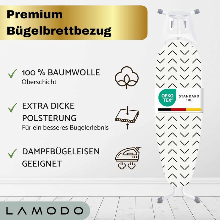 Гайок для прасувальної дошки 120x40 см з бавовни - підходить для прасування парою, з товстим наповнювачем + фіксатор та натягувач (бежево-чорний / трикутники, S)