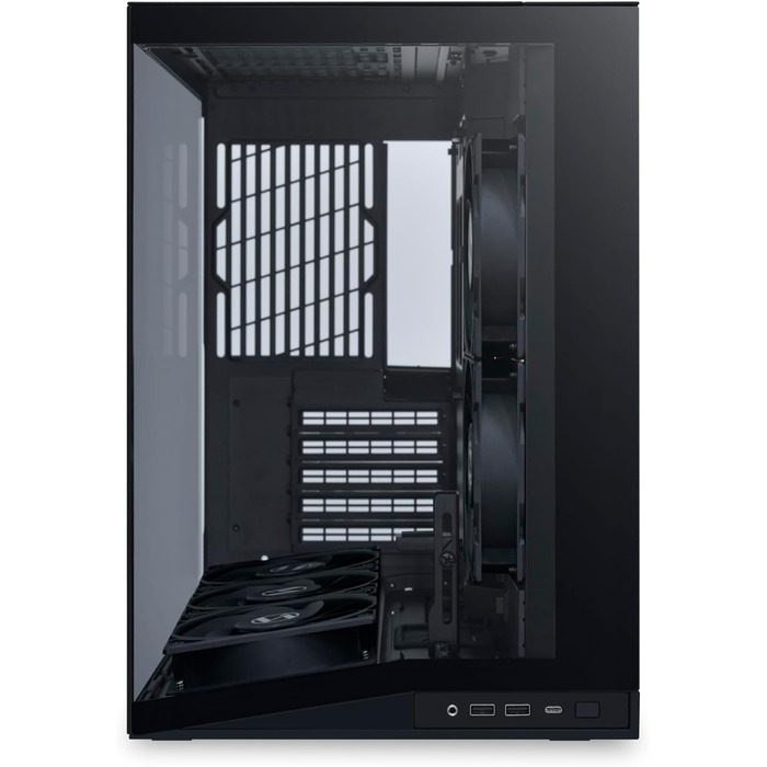 Корпус Lian Li O11 Dynamic Mini V2 Flow: компактний ATX Midi-Tower з двокамерним дизайном, скляною панеллю та модульною конструкцією. 5 вентиляторів встановлено. Чорний колір.