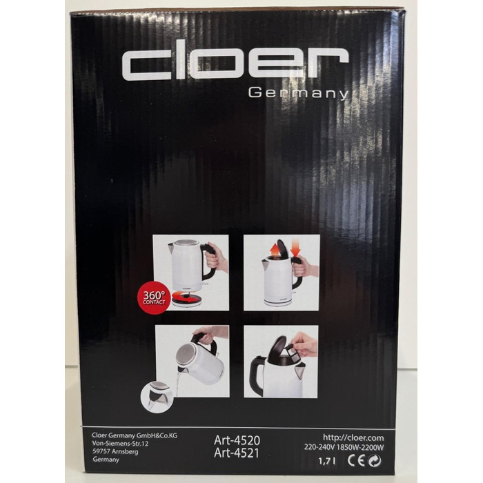 Електричний чайник Cloer 4511 з нержавіючої сталі, 2200 Вт, білий, 1.7 л, з індикатором рівня води та захистом від сухого кипіння та перегріву