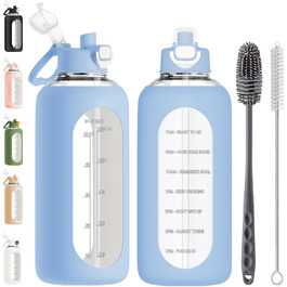 2 Liter Glass Water Bottle, 2L Glass Bottle, Glass Water Bottle with Straw, Bottle Brush (Blue)