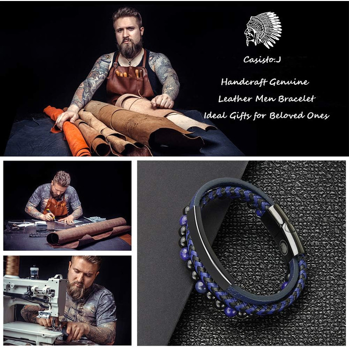 Чоловічий шкіряний браслет Casisto Lederarmband з гравіюванням, плетінка, магнітний замок (21 см, синьо-чорний)