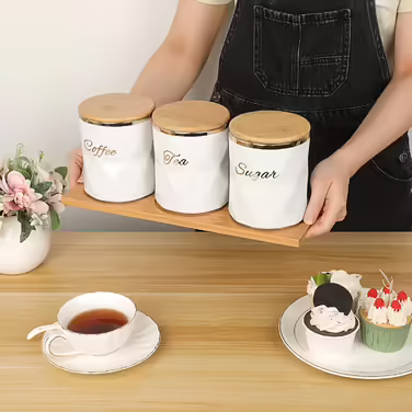 BTSKY White Ceramic Canisters for Sugar, Coffee, Tea, with Lid and Tray, Airtight, Set of 3 Storage Containers, Food Storage Containers, Pots, Jars with Bamboo Lids for Kitchen Counter