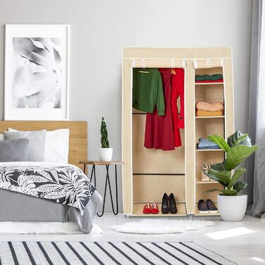 Relaxdays Fabric Wardrobe with Clothes Rail & 5 Compartments, HBT: 174 x 107 x 42.5 cm, Sturdy Folding Wardrobe with Cover, Beige