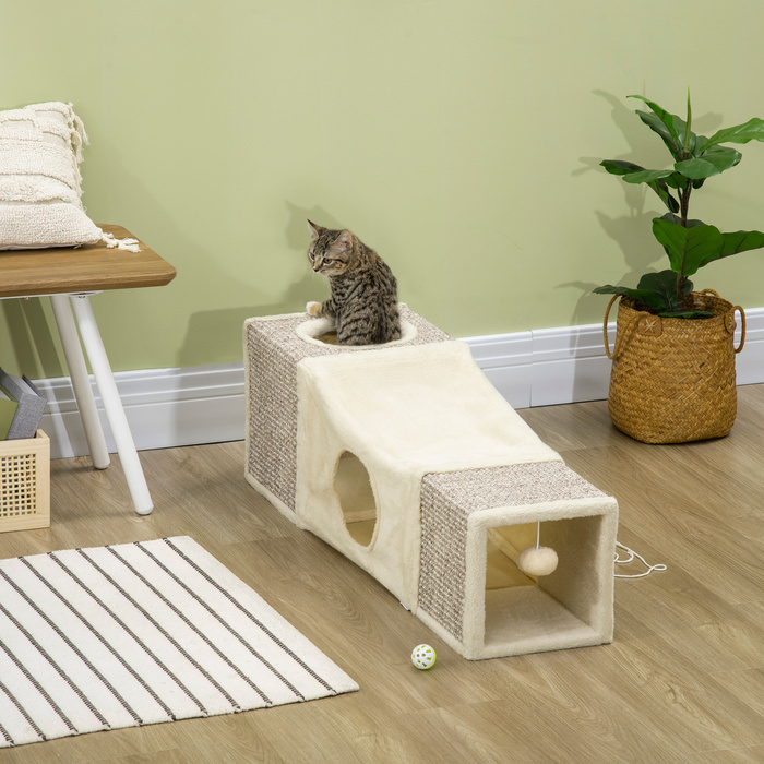 PawHut Cat Tunnel with Play Ball, Cat Toy, Sisal Play Tunnel, Brown+Beige, 98x30x30 cm | Aosom