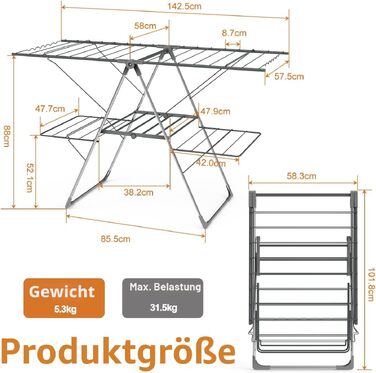 Розкладна сушарка для білизни Innotic, економна сушарка-крило (142.5x57.5x88 см), 33 прути, навантаження до 35 кг, сіра