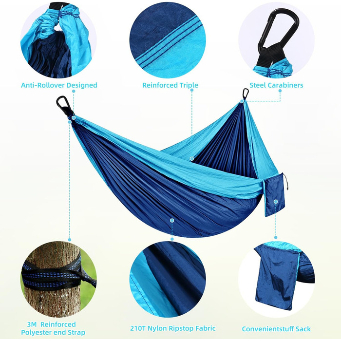 Гамак для відпочинку на природі: міцний, легкий, для кемпінгу, 300 кг, 300x200 см, односпальний/двоспальний, з нейлону, дихаючий, зелений/блакитний