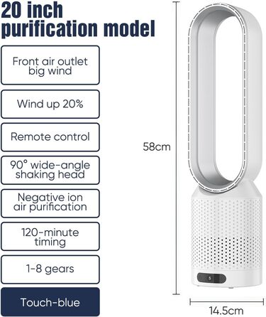2-в-1 Вентилятор з очищувачем повітря безлопатий, з пультом, 8 швидкостей, осциляція 90°, таймер, для спальні/офісу (срібний)