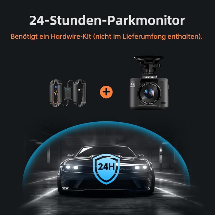 Відеореєстратор Auto Dashcam 4K+1080P з GPS, WiFi, паркуванням, подвійний об'єктив, 32GB карта пам'яті, 170° кут огляду, Super нічне бачення, G-сенсор, циклічна запис, керування через APP, Max 256GB, чорний