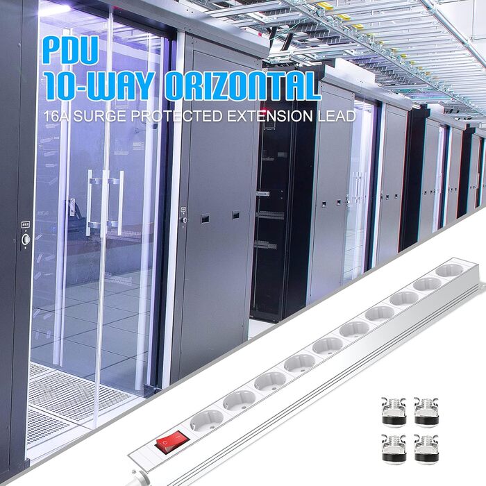 Мережевий фільтр 10 розеток з захистом від перенапруги, з вимикачем та поворотними кріпленнями, металевий корпус (білий)