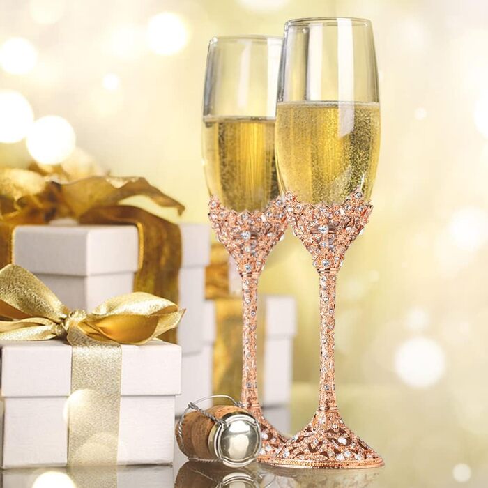 Кельхі для шампанського - кельхі з кришталевого скла з металевою основою та кристалами, набір для нареченого та нареченої, весілля, день народження, банкет та подарунок, 2 шт. (Рожеве золото)