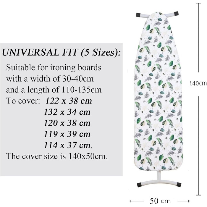 Чохол для прасувальної дошки Yizunnu 140 x 50 см з товстим шаром підкладки, регульованою фіксацією та стійким до подряпин принтом (Листя)
